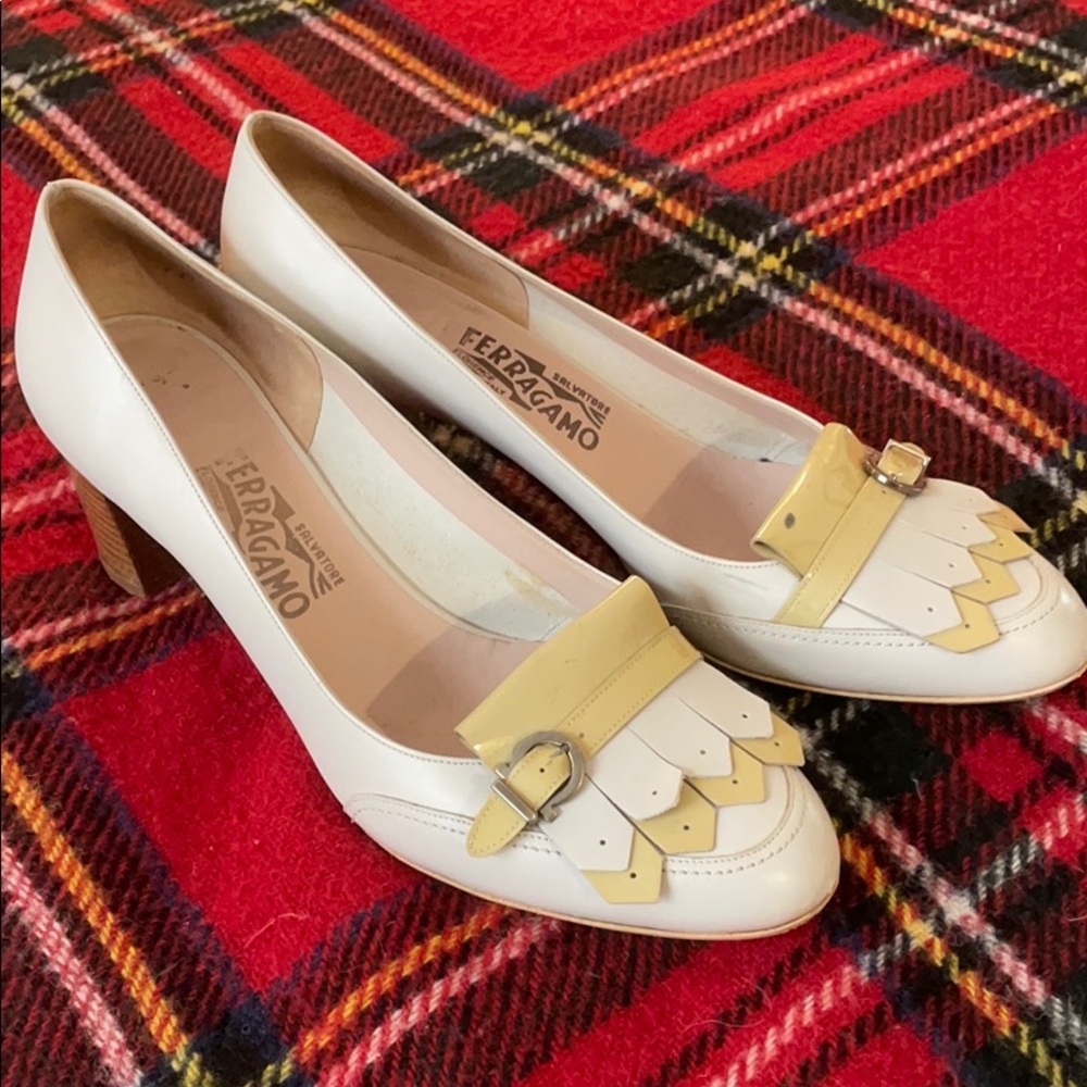 Salvatore Ferragamo White and Yellow Loafer Heels